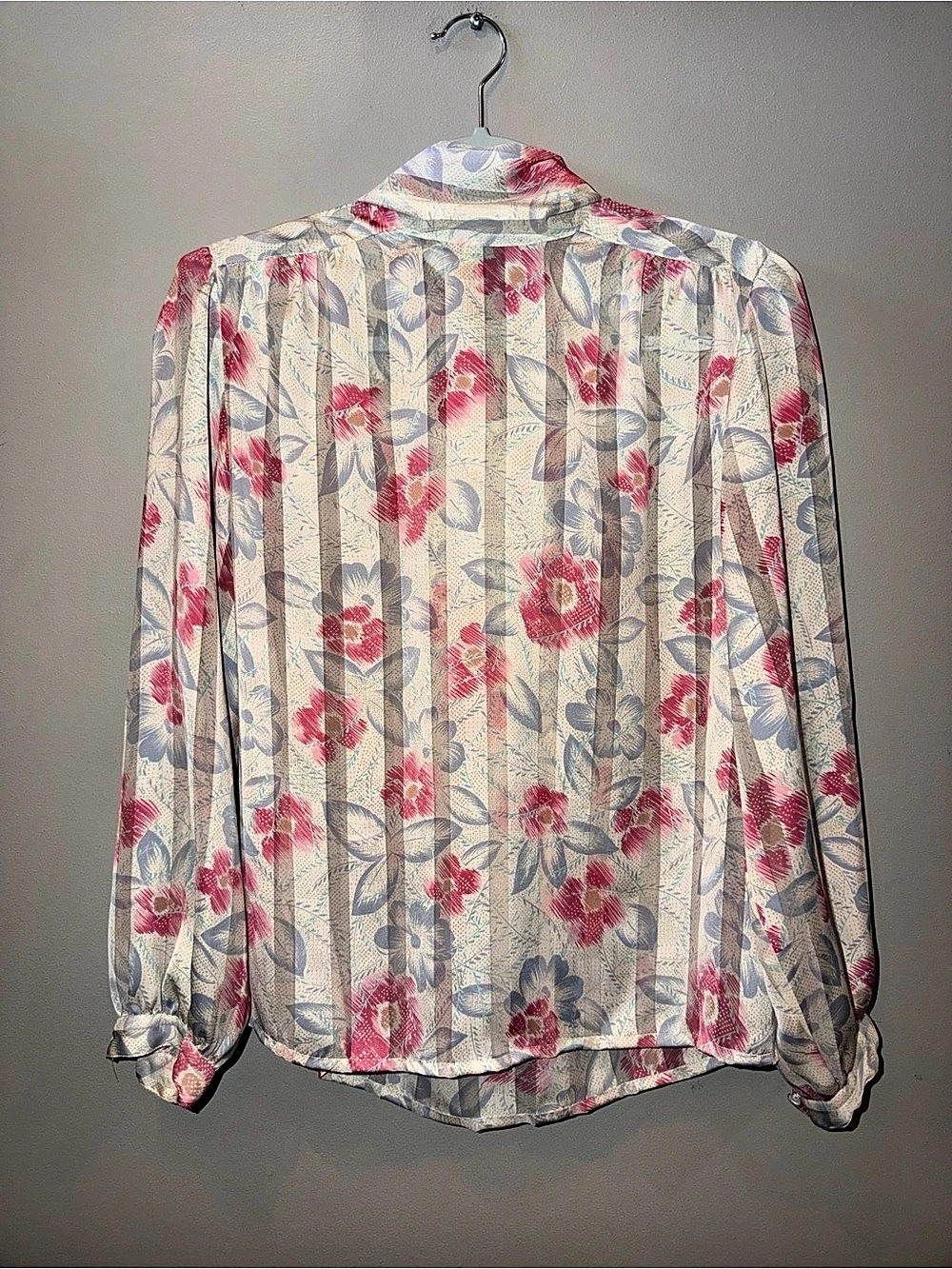 Vintage 80s Notations Sheer Striped Floral Blouse Bow Tie Neck size 10 luxe